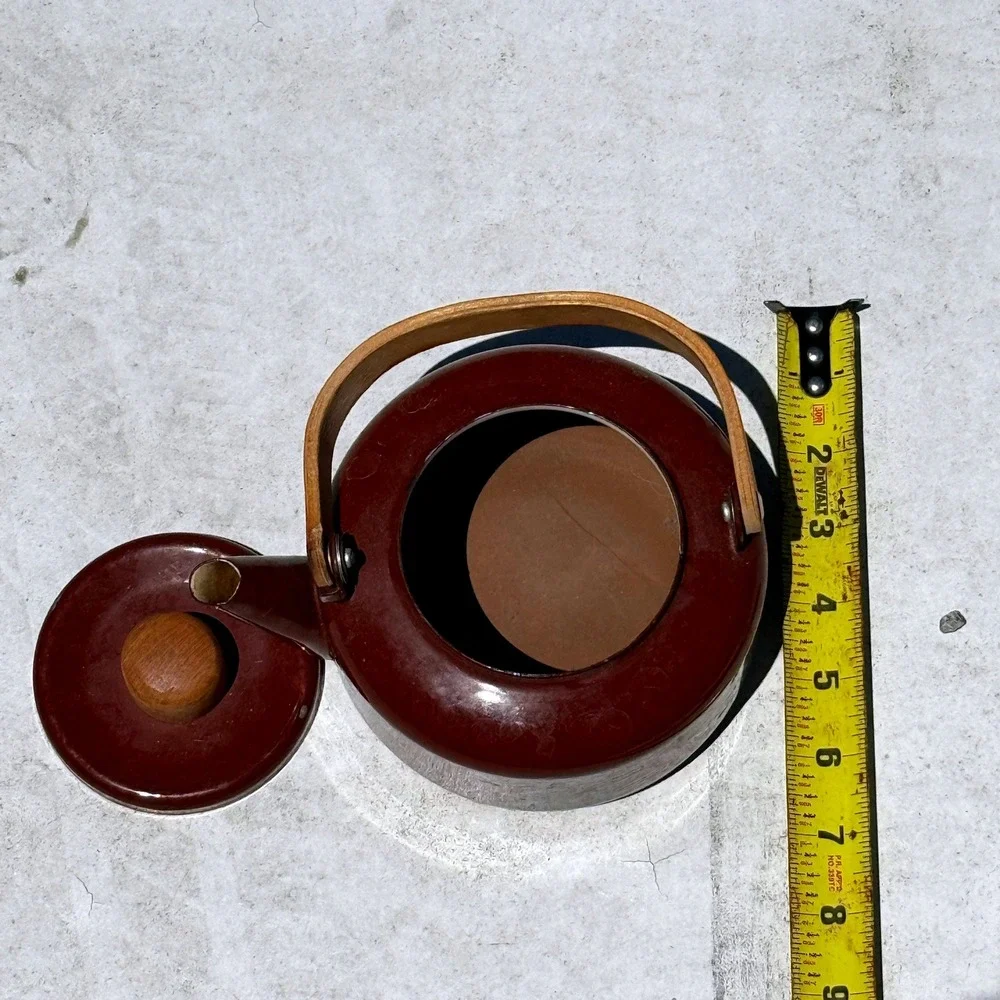 Vintage MCM Teapot Kettle Wood Handle Brown‎ Enamel Scandinavian Japanese Style